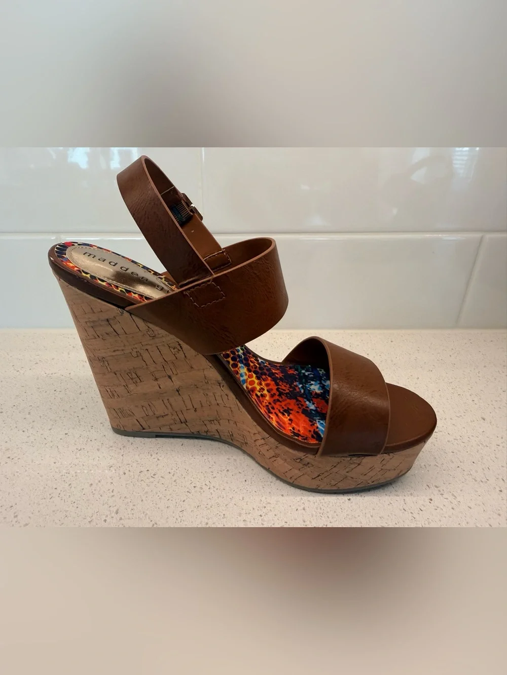 Madden Girl Element Brown Cork-Style Platform Wedge Sandals Size 7